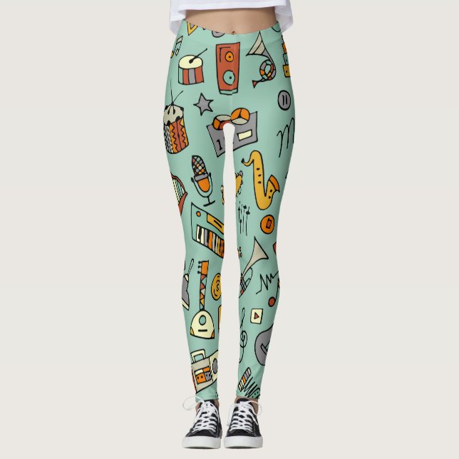 Leggings Instrumentos musicales, patrón de sketch vintage. (Anverso)