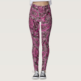 Leggings Intricate Paisley in Vibrant Pinks on Black 