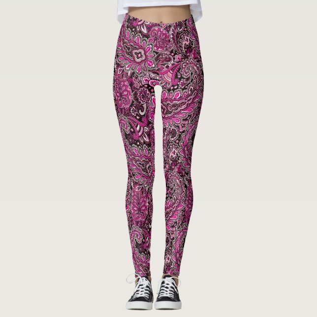 Leggings Intricate Paisley in Vibrant Pinks on Black  (Anverso)