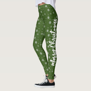 Leggings Invierno Divertido Green White Snowflakes Feliz Na