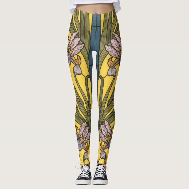 Leggings Iris Flor Art Nouveau Vidrio Manchado Oro Azul (Anverso)