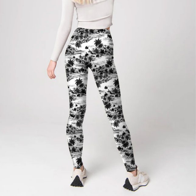Leggings Isla Tropical Moderna Negra y Blanca Haiwaii (Modern tropical black and white haiwaiian trendy printed leggings.)