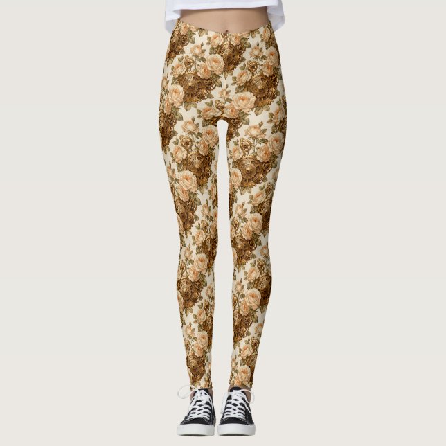 Leggings Ivory Roses and Brass Gears Steampunk (Anverso)