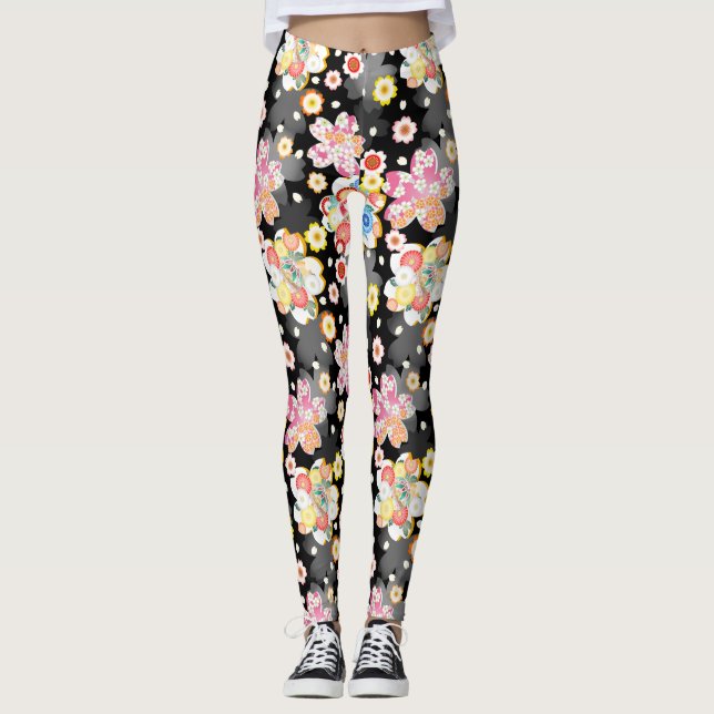 Leggings Japanese Background with Cherry Blossoms and Balls (Anverso)