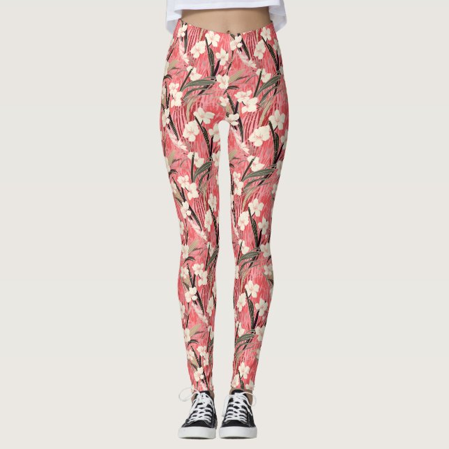 Leggings Japanese Floral Blossoms in White on Pink Burgundy (Anverso)