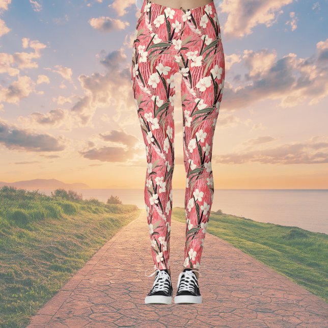 Leggings Japanese Floral Blossoms in White on Pink Burgundy (Subido por el creador)