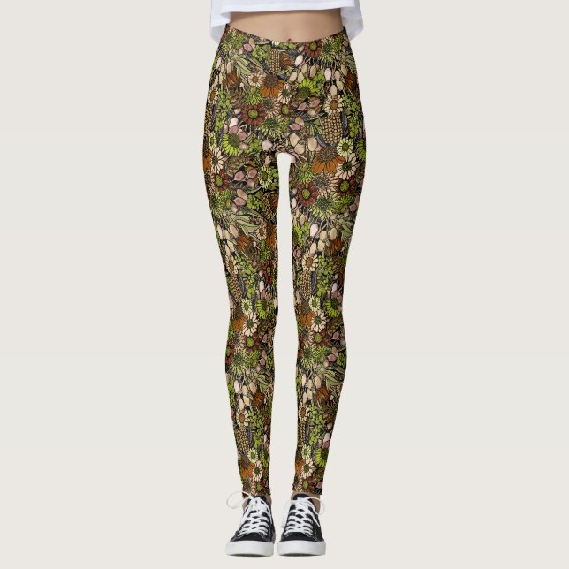 Leggings Jardín de flores silvestres verdes patrón (Anverso)