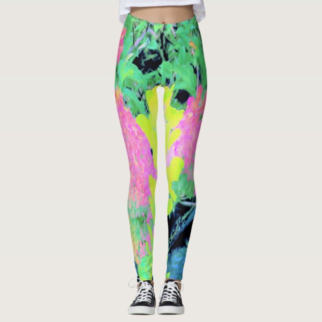 Leggings Jardín de hidrangea rosada con oliva amarilla (Anverso)