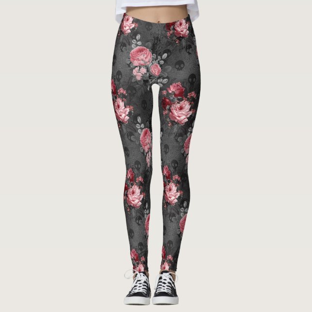 Leggings Jardín de las Rosas Rosadas y del Calavero Gótico (Anverso)