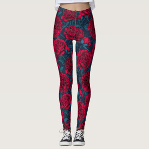 Leggings Jardín de peones rojos en azul oscuro