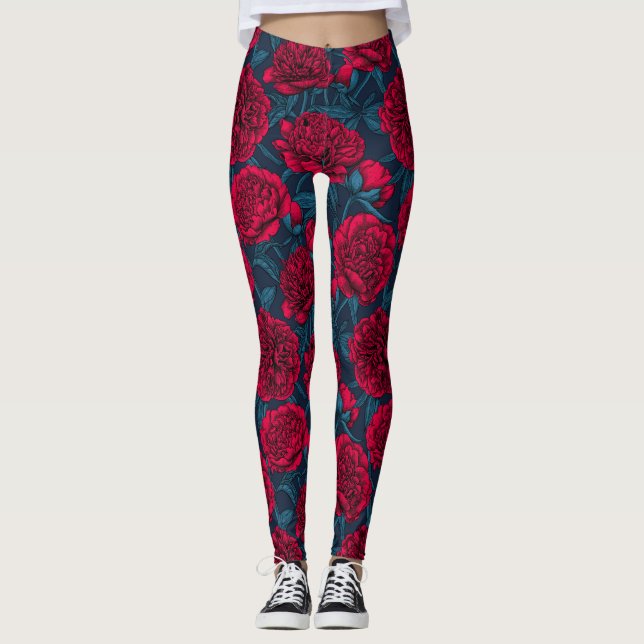 Leggings Jardín de peones rojos en azul oscuro (Anverso)