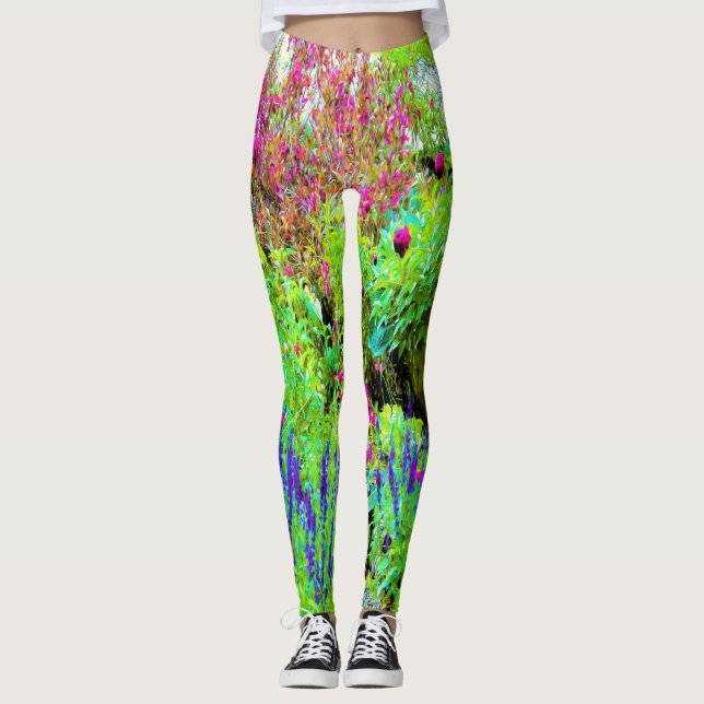 Leggings Jardín de primavera verde con peonías (Anverso)