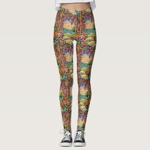 Leggings Jardín de puesta de sol oceánico floral vibrante –