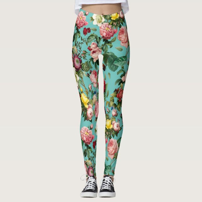 Leggings Jardín de rosa de época con fondo verde azulado (Anverso)