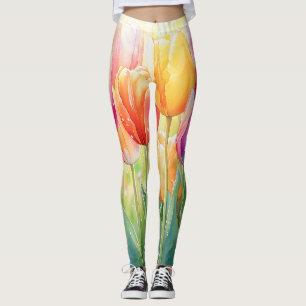 Leggings Jardín de Tulipanes de la Primavera de la acuarela