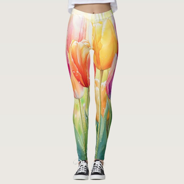 Leggings Jardín de Tulipanes de la Primavera de la acuarela (Anverso)