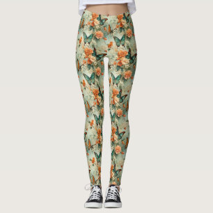 Leggings Jardín floral de mariposa azul verdoso vintage