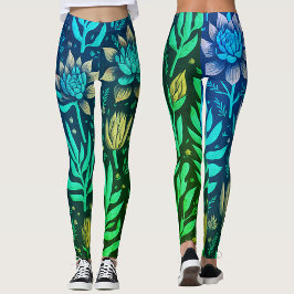 Leggings Jardín Mágico Turquesa Suculentas Patrón Floral 