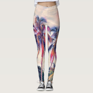 Leggings Jardín tropical, palmeras al atardecer.