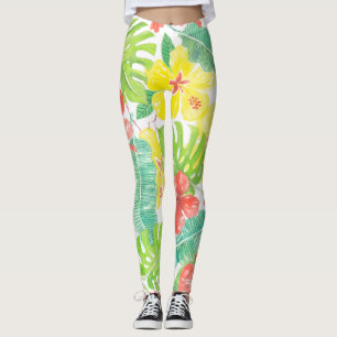 Leggings Jardín tropical, plumeria de hibiscos y hojas de p
