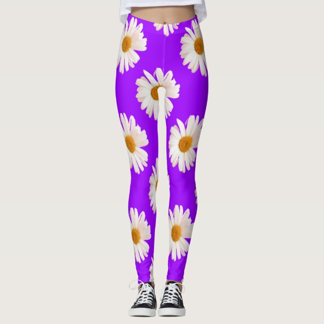 Leggings Jazmín blanco sobre fondo morado de neón (Anverso)