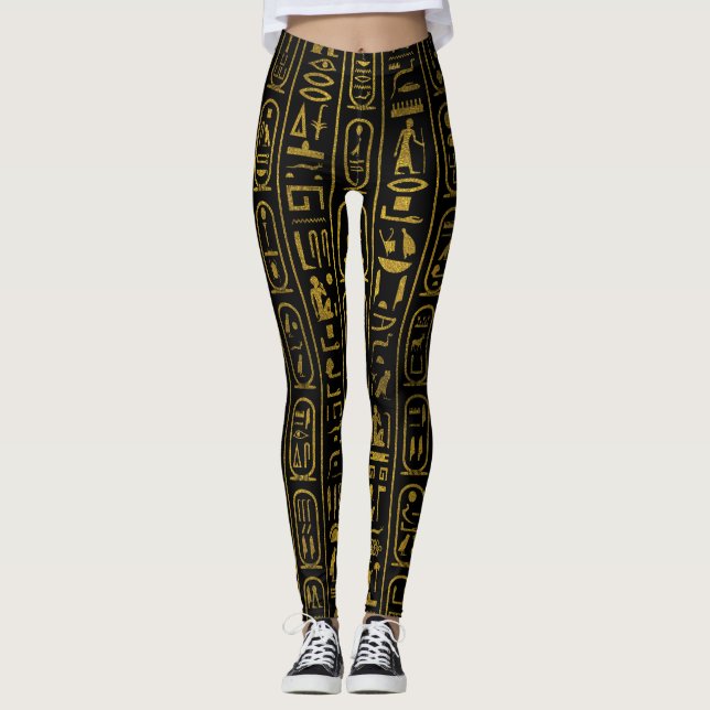 Leggings Jeroglíficos antiguos egipcios del oro en negro (Anverso)