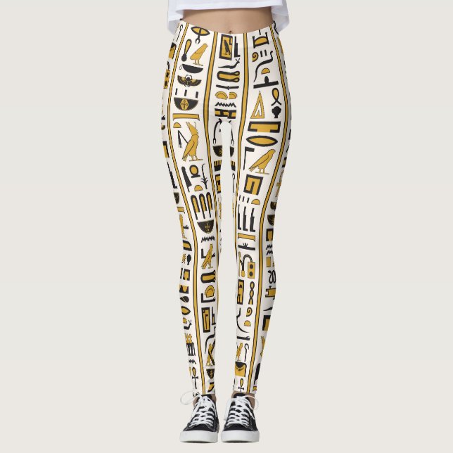 Leggings Jeroglíficos Egipcios: Amarillo-Negro Sin Marea. (Anverso)