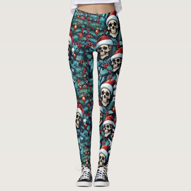 Leggings Jolly Holly Santa Skulls con ornamentos (Anverso)