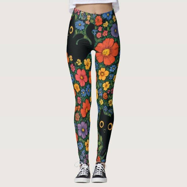 Leggings Kawaii Garden Art – Cute Black Cat Floral Pattern (Anverso)