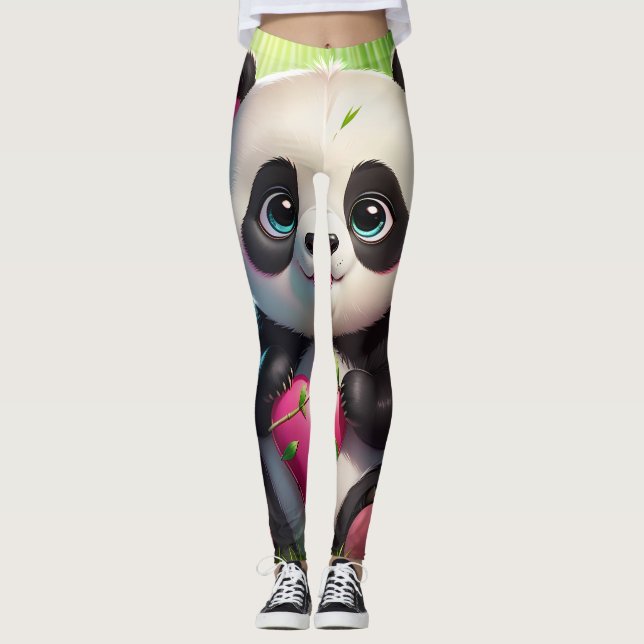 Leggings Kawaii Panda sosteniendo el corazón en un bosque d (Anverso)
