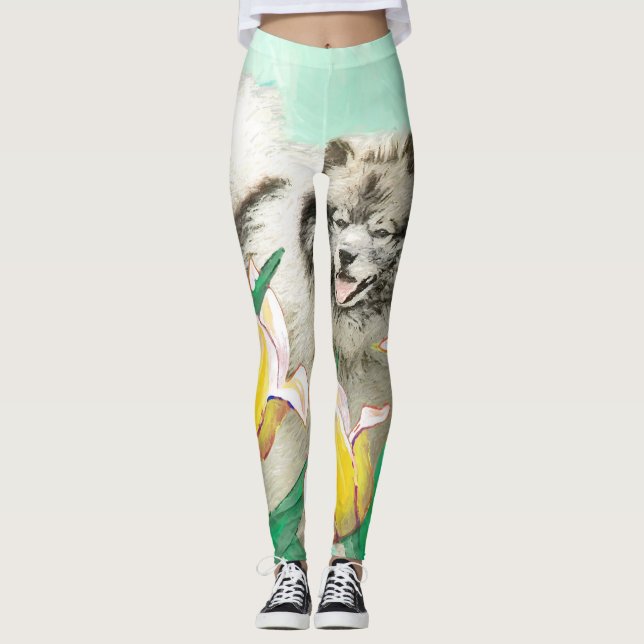 Leggings Keeshond en tulipanes pintando arte original del p (Anverso)