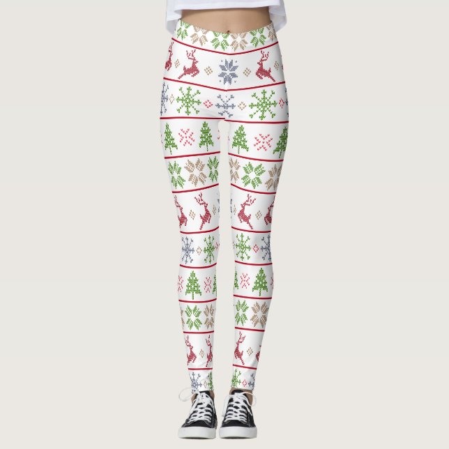 Leggings Knit nórdico moderno Ugly Sweater Red Green White (Anverso)