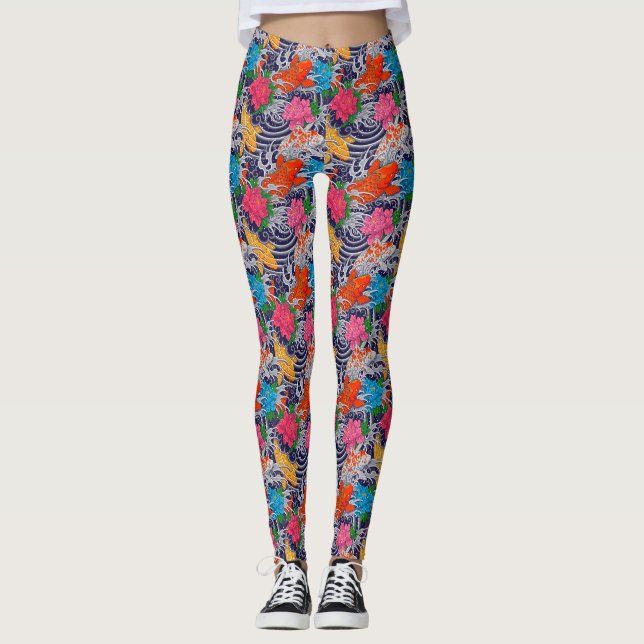 Leggings Koi Fish Tatuaje Japonés Con Patrón Floral De Onda (Anverso)