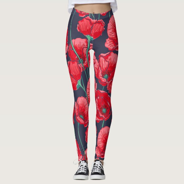 Leggings La amapola roja elegante florece el modelo pintado (Anverso)