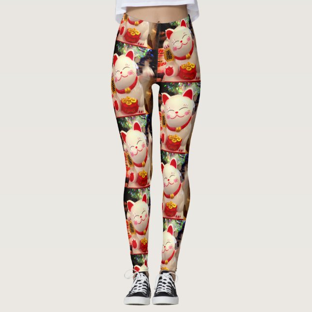 Leggings La buena suerte de China ondeando una foto de gato (Anverso)