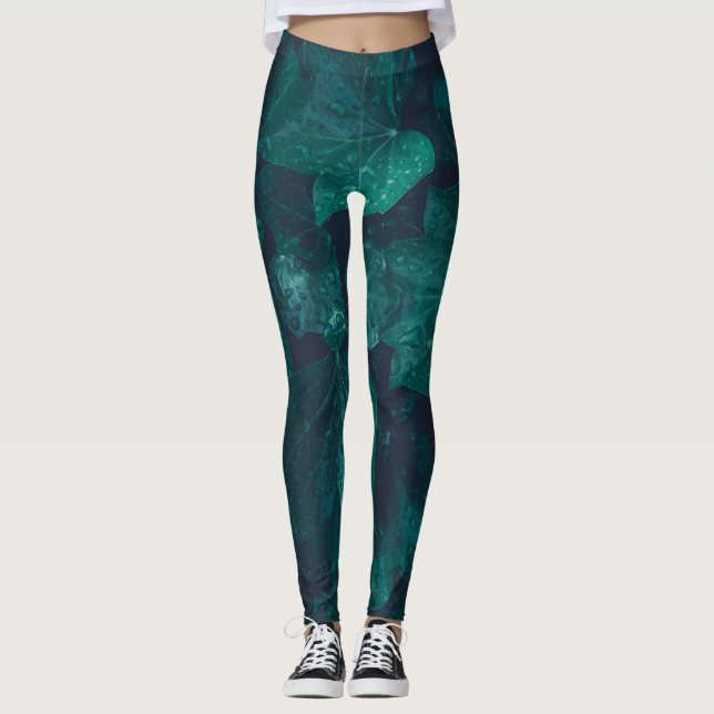 Leggings La hiedra verde de esmeralda oscura hojas gotas de (Anverso)