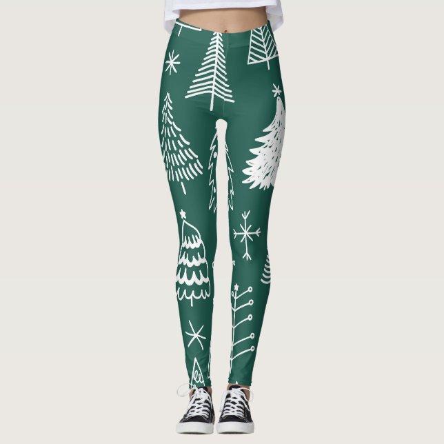 Leggings La mano dibujó árboles de Navidad, patrón de invie (Anverso)