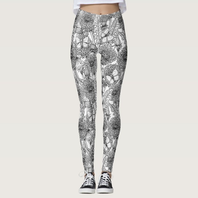 Leggings La pradera de Dandelion en blanco y negro (Anverso)