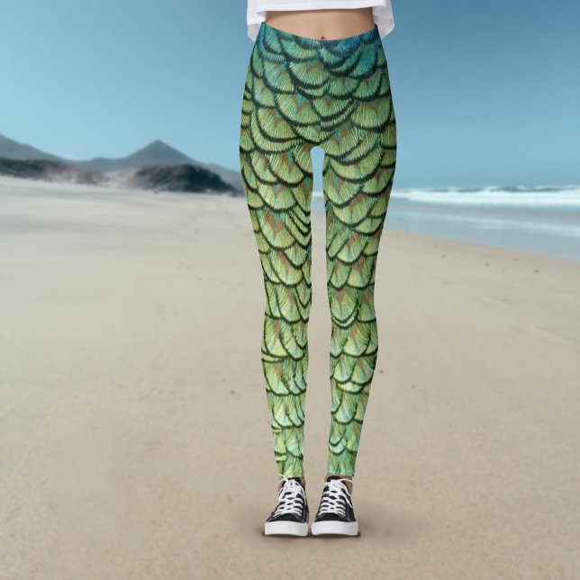 Leggings La sirena de la pluma verde verde verde azulada de (Teal Green Peacock Feather Mermaid Scales Leggings)