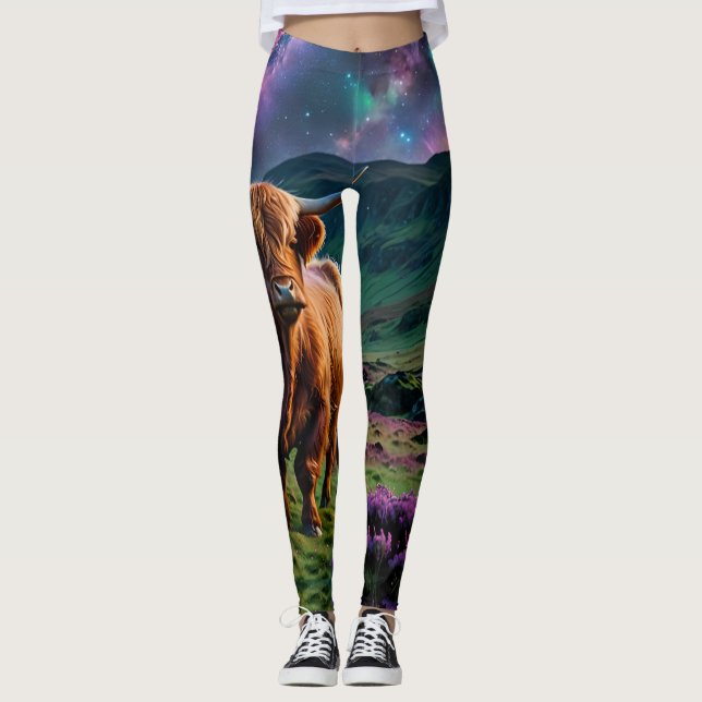 Leggings La vaca Highland bajo las estrellas de Heather (Anverso)