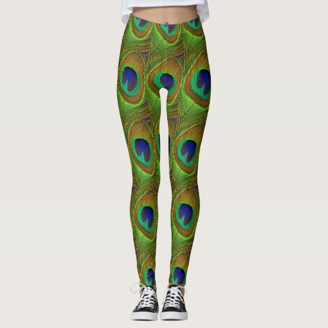 Leggings La yoga jadea verde azul de las plumas del pavo (Anverso)