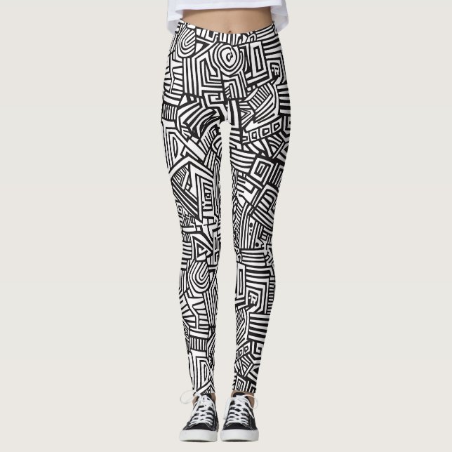 Leggings Laberinto abstracto geométrico de línea en blanco  (Anverso)