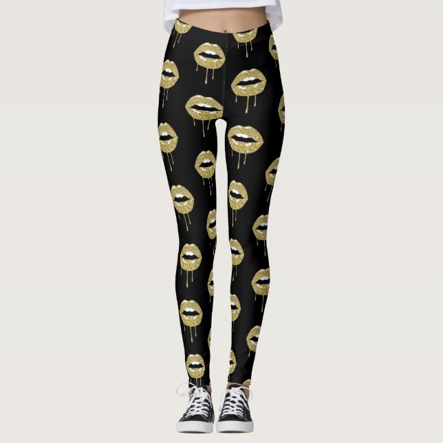 Leggings Labios goteantes glamour de belleza de lujo dorado (Anverso)