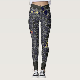 LEGGINGS LACE NEGRO ANTIGUO CON JARDINES DE MARIPOSAS