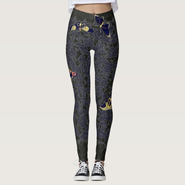 LEGGINGS LACE NEGRO ANTIGUO CON JARDINES DE MARIPOSAS (Anverso)