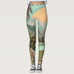Leggings Lago Tropical Surrealista Con Palmeras