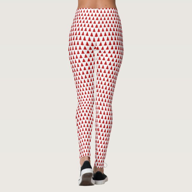 Leggings Largo patrón de árbol de Navidad blanco y rojo (Reverso)