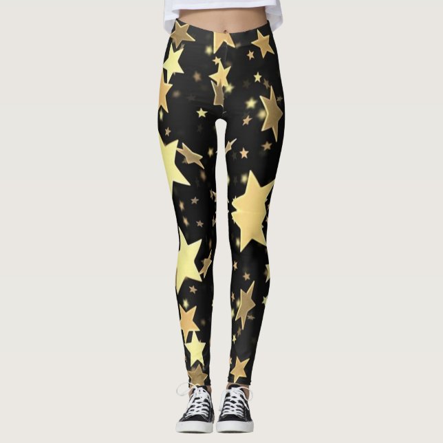 Leggings Las estrellas del oro con fondo negro (Anverso)