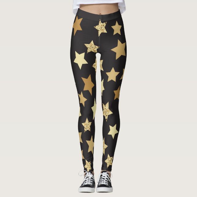 Leggings Las estrellas doradas en el patrón de fondo negro (Anverso)