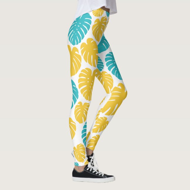 Leggings Las hojas de Monstera en turquesa, amarilla y blan (Derecha)